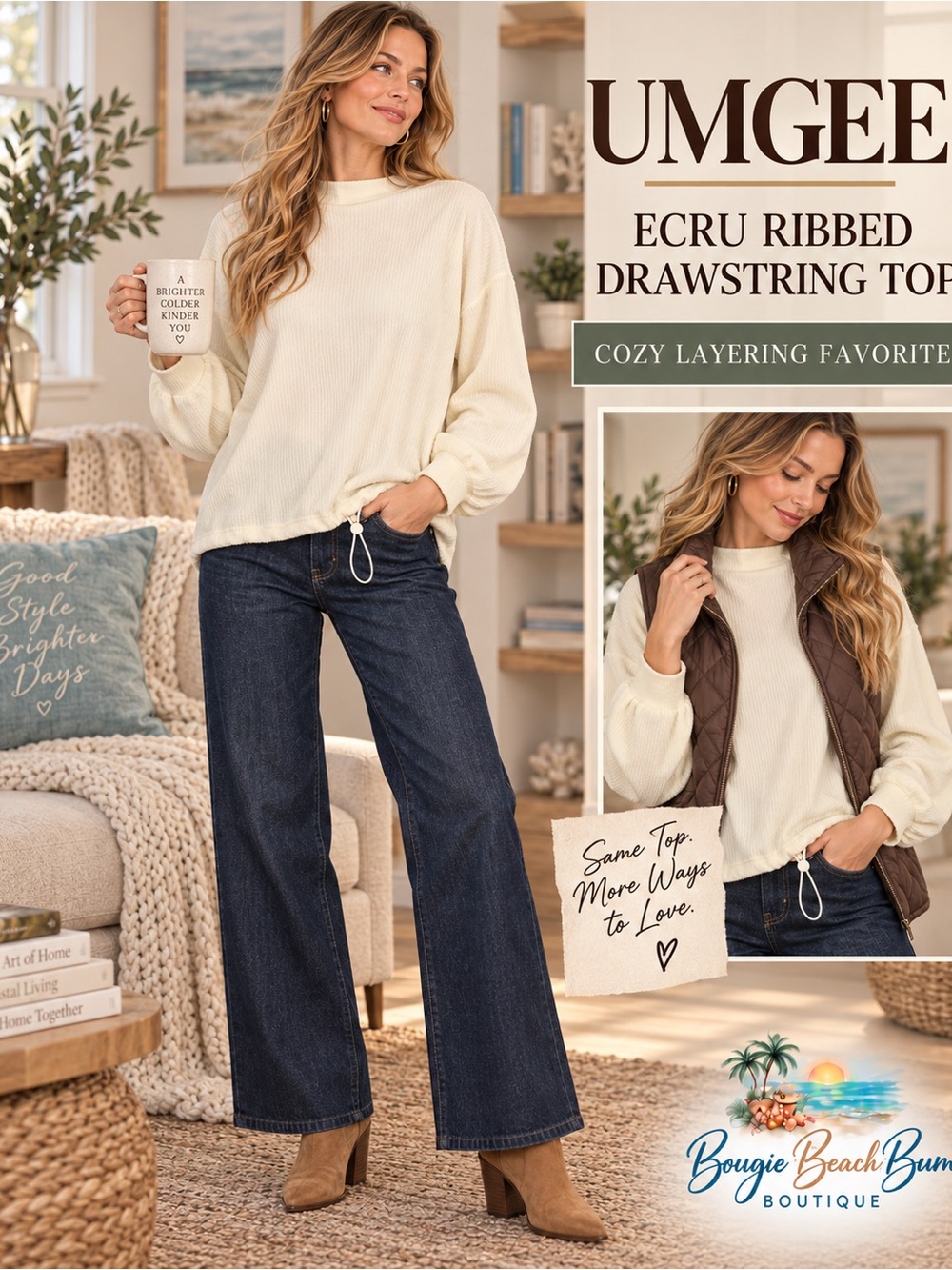 Umgee ecru super soft ribbed drawstring bottom mock neck blouse.